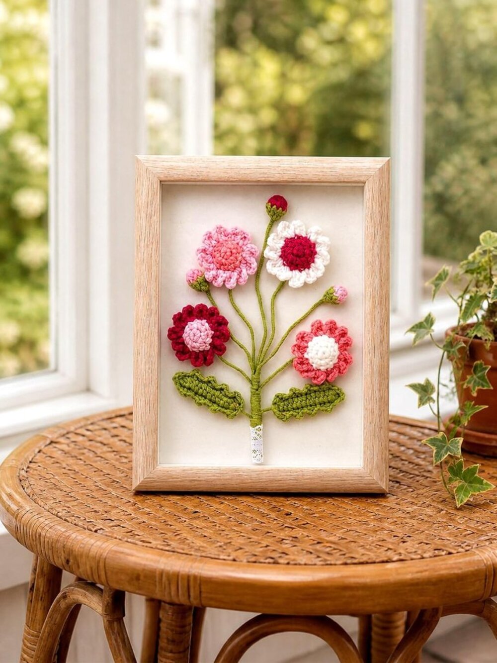 Handmade Crochet Flower Bouquet in Wooden Shadow Box Frame